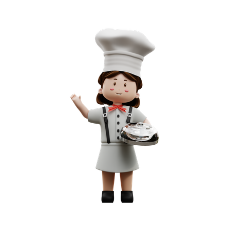 Chef feminina segurando um recipiente de comida  3D Illustration