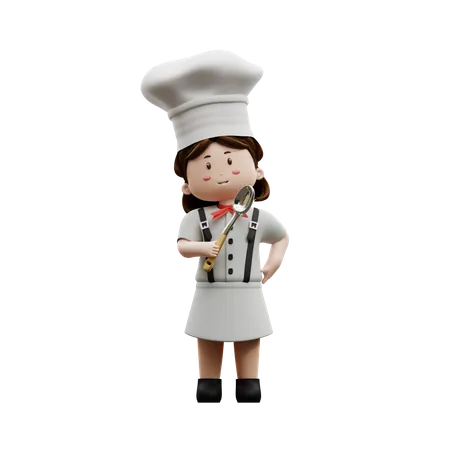 Chef feminina segurando uma colher  3D Illustration