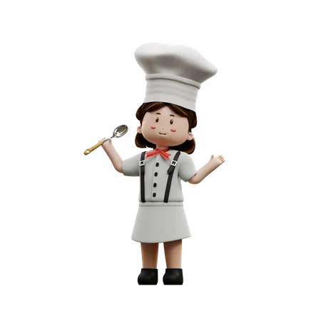 Chef feminina segurando uma colher  3D Illustration