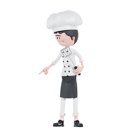3 D Cartoon Chef Pointing To Bottom Right 3D Illustration