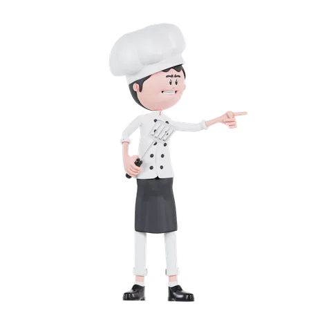 Chef Pointing To Left With Spatula  3D Illustration