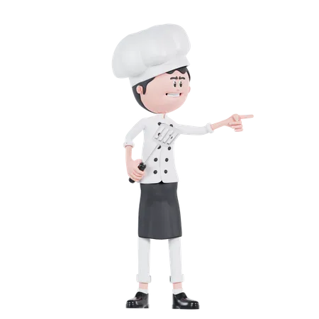 3 D Cartoon Chef Pointing To Left With Spatula 3D Illustration