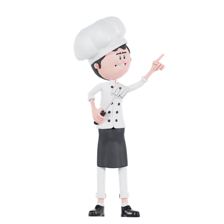 3 D Cartoon Chef Pointing To Up Left 3D Illustration