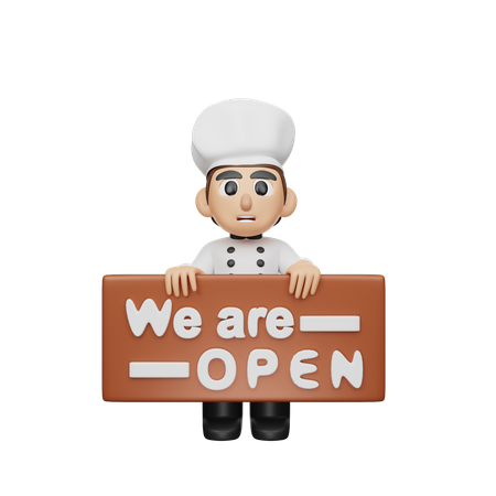 Chef Holding estamos com quadro aberto  3D Illustration