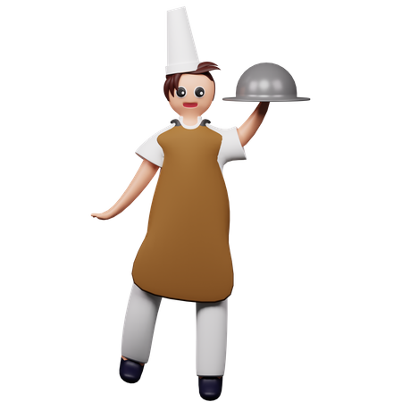 Chef servant des plats chauds  3D Illustration