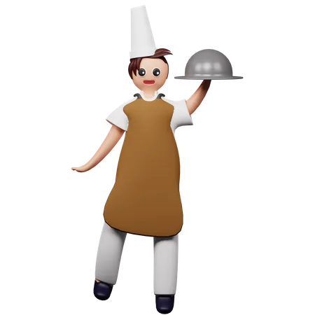 Chef Cute Character Com Uniforme Segurando Placa De Aco Para Menu Web Aplicativos Postagem Em Midias Sociais 3D Illustration