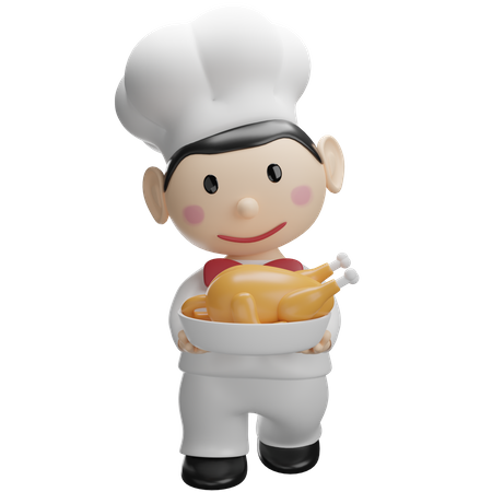 Chef serving Roasted Chicken  3D Illustration