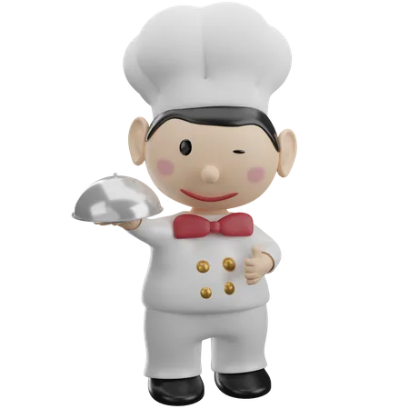Chef Holding Tray And Thumbs Up 3 D Illustration 3D Illustration