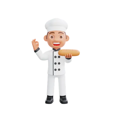 Chef Showing Ok Sign and Holding Bread  3D Illustration