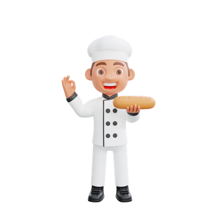 Chef Showing Ok Sign and Holding Bread  3D Illustration