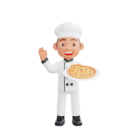 Chef Showing Ok Sign and Holding Pizza  3D Illustration