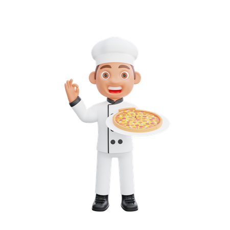 Chef Showing Ok Sign and Holding Pizza  3D Illustration