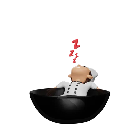 3 D Rendering Chef Character Illustration Is Sleeping In Bowl 3D Illustration