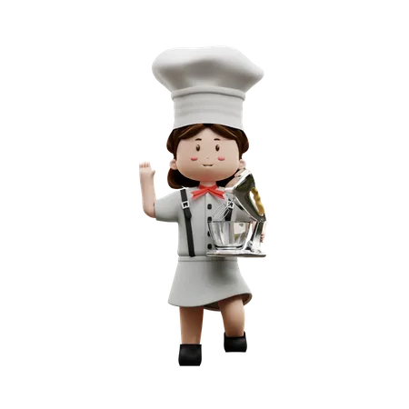 Chef femenina sosteniendo batidora de huevos  3D Illustration