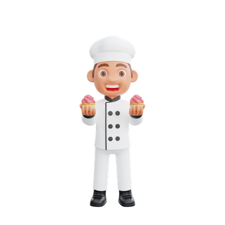 Chef sosteniendo cupcake  3D Illustration