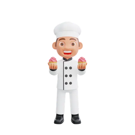 Chef sosteniendo cupcake  3D Illustration