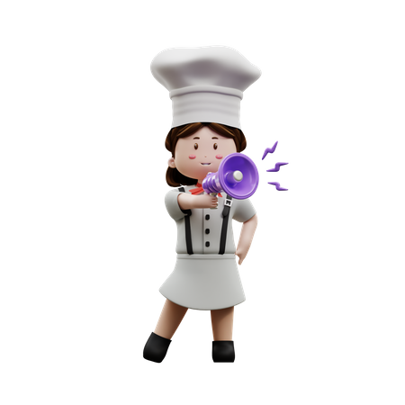 Chef femenina sosteniendo megáfono  3D Illustration