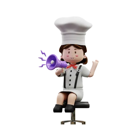 Chef femenina sosteniendo megáfono  3D Illustration