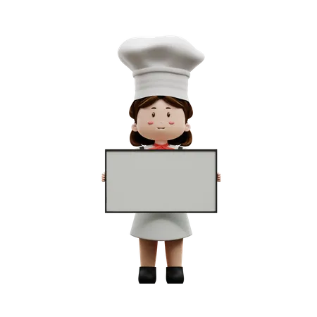 Chef femenina sosteniendo tablero en blanco  3D Illustration