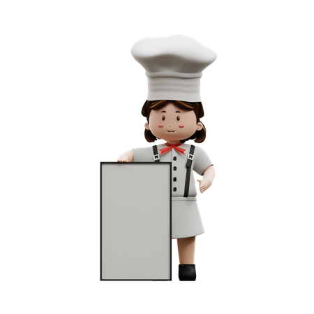 Chef femenina sosteniendo tablero en blanco  3D Illustration