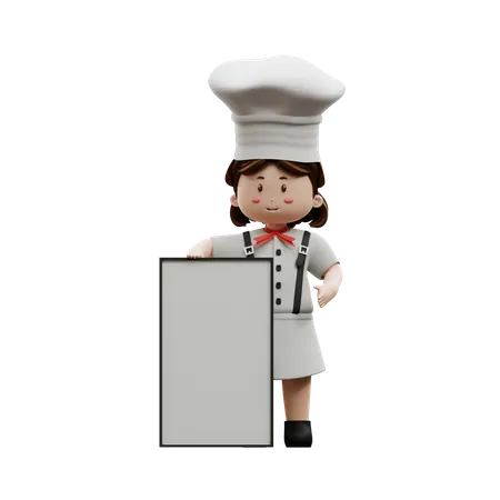 Chef femenina sosteniendo tablero en blanco  3D Illustration