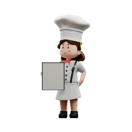 Chef femenina sosteniendo tablero en blanco  3D Illustration