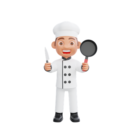 Chef sosteniendo sartén y cuchillo  3D Illustration