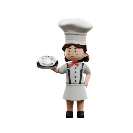 Chef femenina sosteniendo un contenedor de comida  3D Illustration