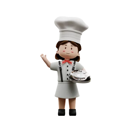 Chef femenina sosteniendo un contenedor de comida  3D Illustration