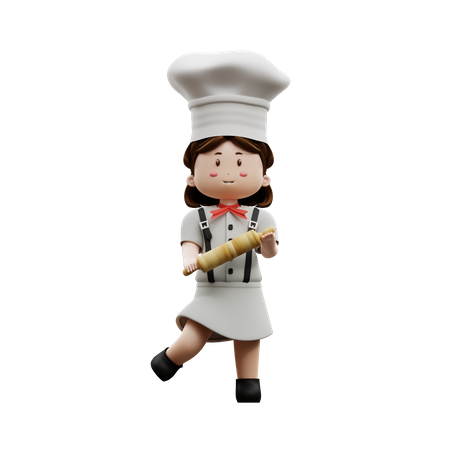 Chef femenina sosteniendo un rodillo  3D Illustration