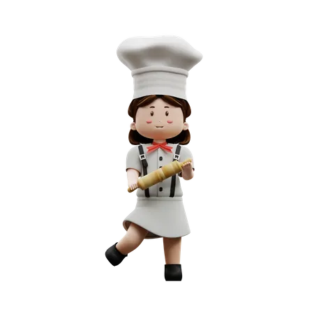 Chef femenina sosteniendo un rodillo  3D Illustration