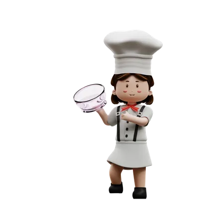 Chef femenina sosteniendo un tazón  3D Illustration