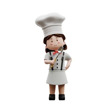 Chef femenina sosteniendo una cuchara  3D Illustration