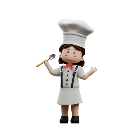 Chef femenina sosteniendo una cuchara  3D Illustration