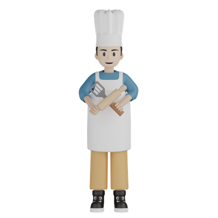 Chef standing and holding rolling pin and spatula  3D Icon