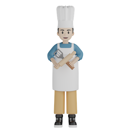 Chef standing and holding rolling pin and spatula 3D Illustration
