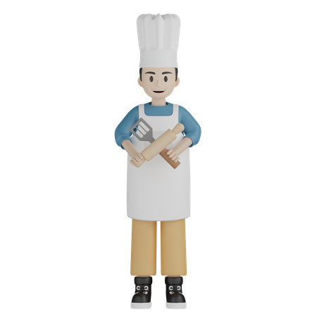 Chef standing and holding rolling pin and spatula  3D Illustration