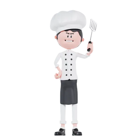 3 D Cartoon Chef Standing With A Spatula 3D Illustration