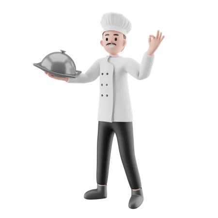 Chef sosteniendo plato  3D Illustration