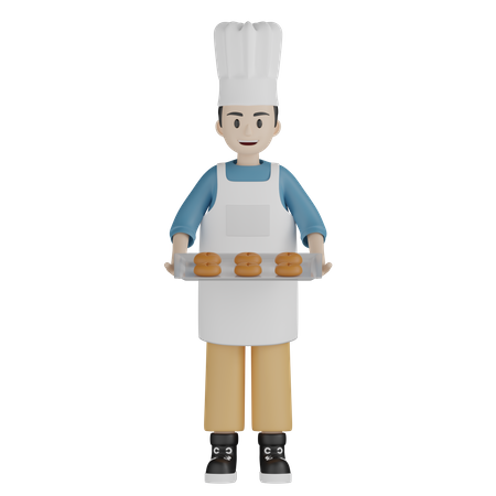 Chef tenant une assiette de beignets  3D Illustration