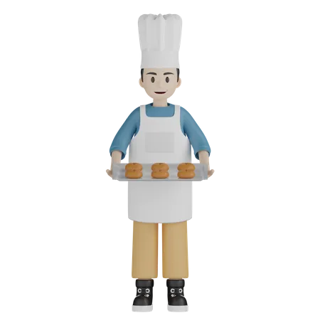 Chef tenant une assiette de beignets  3D Illustration