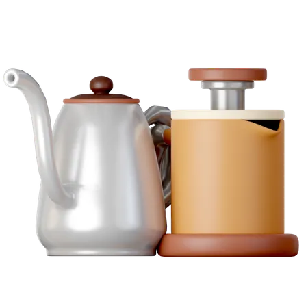 A Kettle And French Press Cartoon Style Isolated On A White Background 3 D Illustration 3D Icon