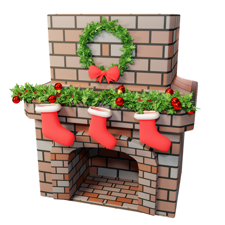 Cheminée de Noël décorée de bas  3D Illustration