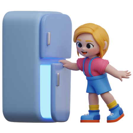 Chica abre el refrigerador  3D Illustration