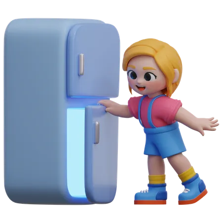 Chica abre el refrigerador  3D Illustration