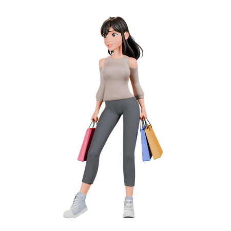 Chica adicta a las compras de pie con bolsas de compras  3D Illustration