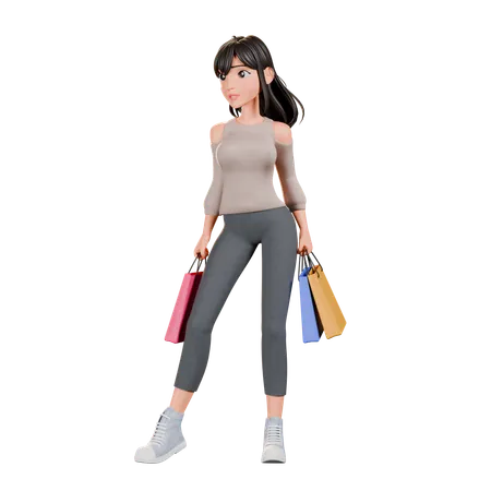 Chica adicta a las compras de pie con bolsas de compras  3D Illustration