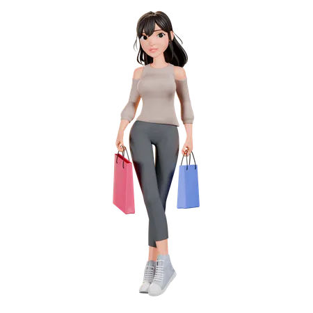 Chica adicta a las compras de pie con una bolsa de compras  3D Illustration