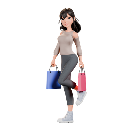 Chica adicta a las compras de pie con una bolsa de compras  3D Illustration