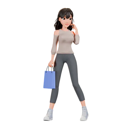 Chica adicta a las compras de pie con una bolsa de compras  3D Illustration